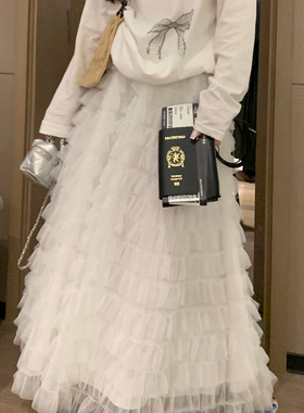 浪漫小仙女多层纱裙长款半身裙韩国风甜美少女感蝴蝶结气质灰白色