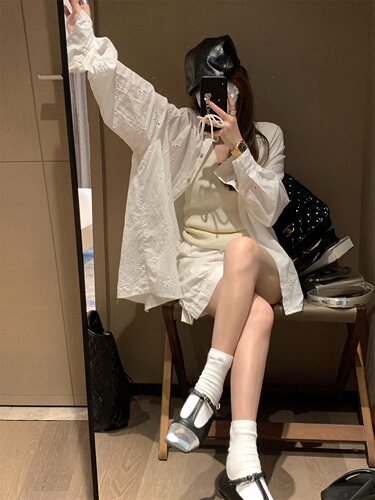 钩花衬衫直筒裤短裤套装三件套