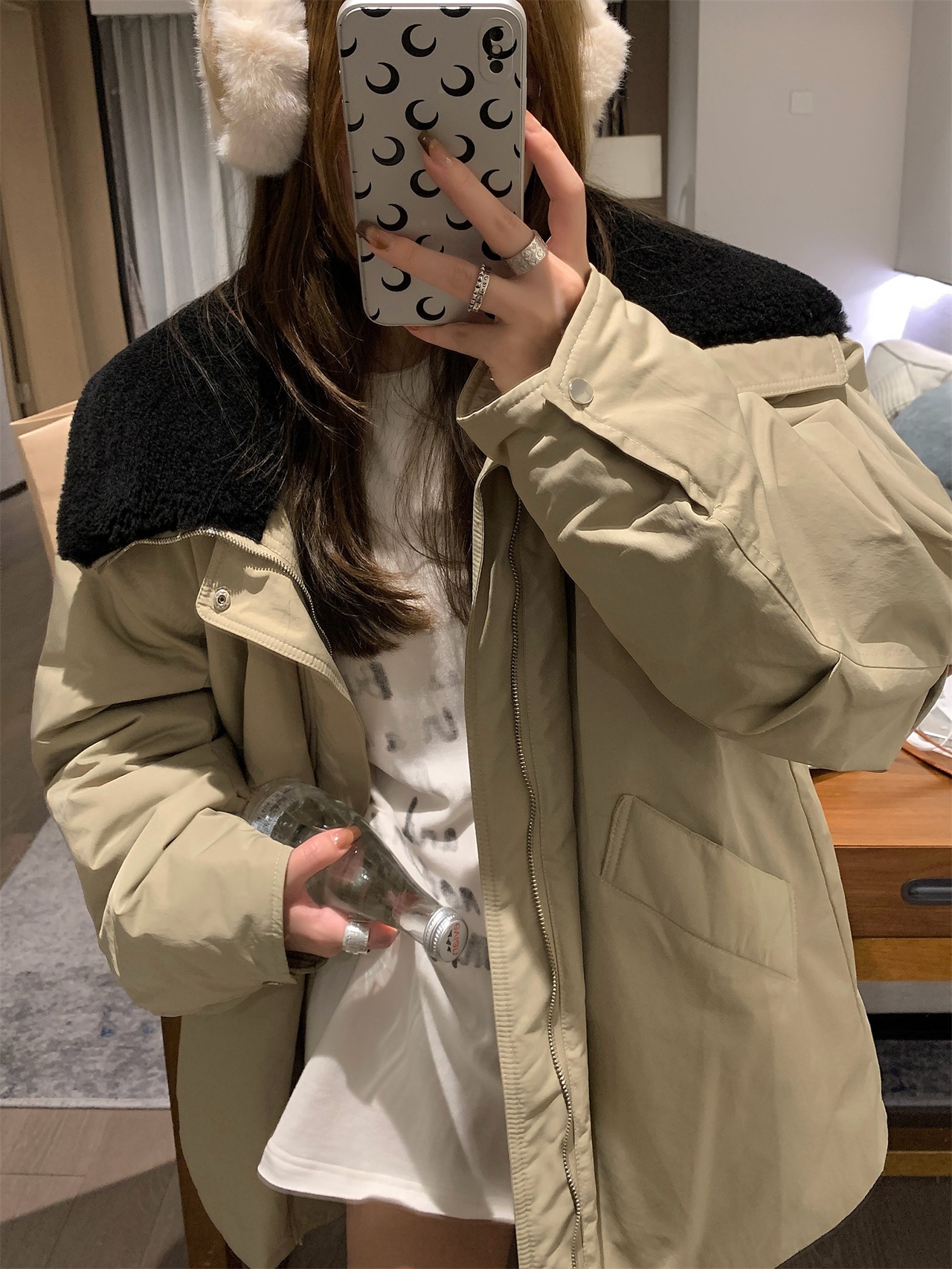 复古时髦仿羊羔毛大翻领工装棉衣棉服韩国风温暖包裹感宽松卡其杏