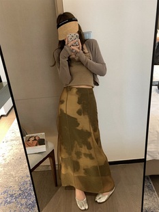 古典气息通透印花扎染半身裙长裙韩国风若隐若现侧开叉设计棕黄色