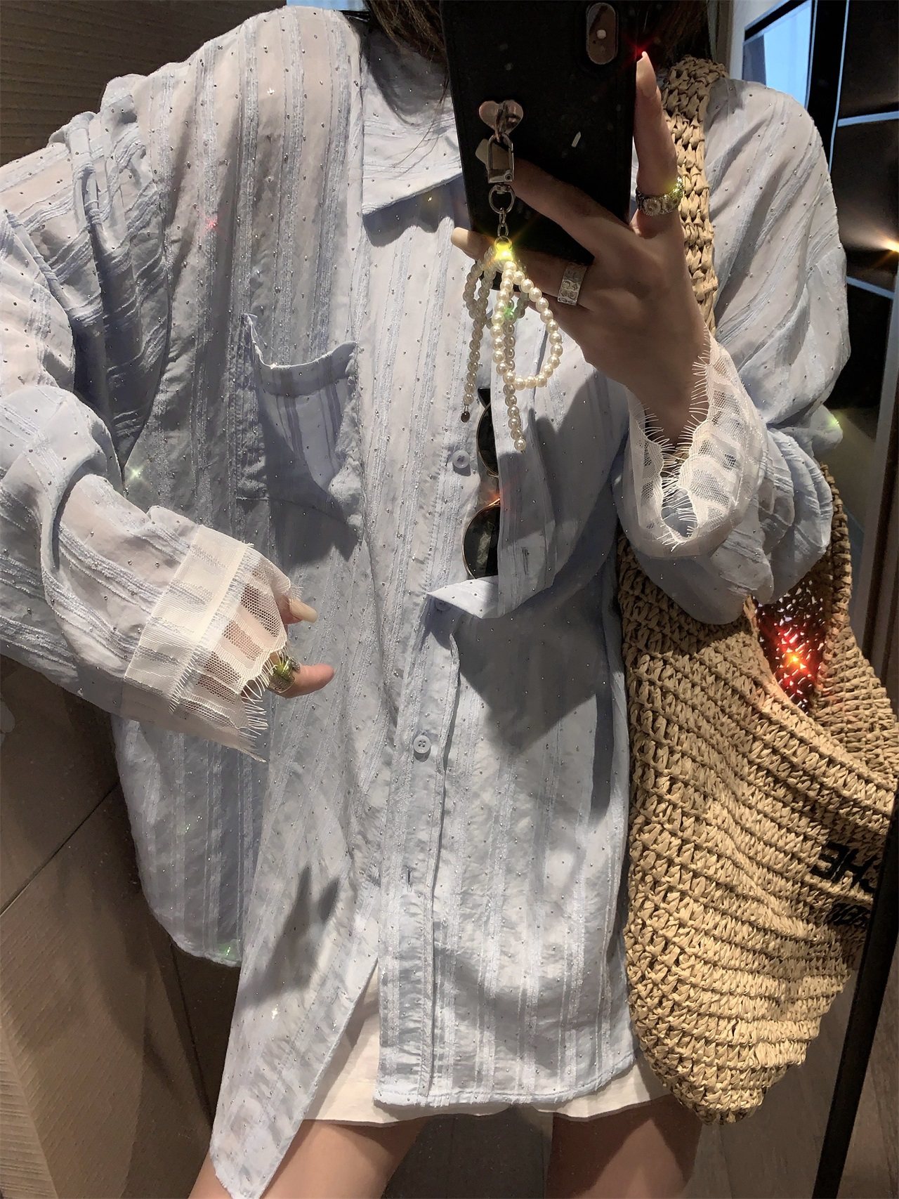 夏天的呼吸感小特别烫钻衬衫