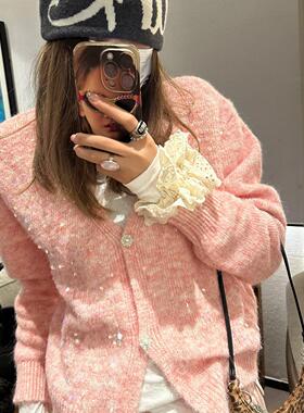 重工亮片针织开衫毛衣韩国风甜美可爱个性时髦设计感百搭黑灰粉色