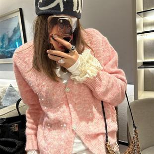 重工亮片针织开衫毛衣韩国风甜美可爱个性时髦设计感百搭黑灰粉色
