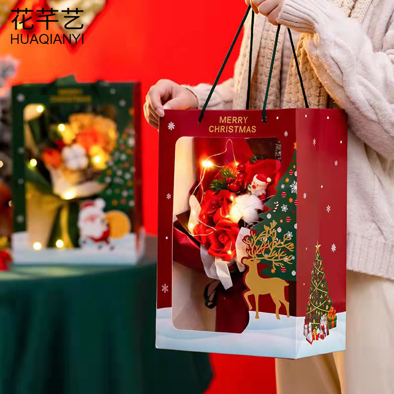 圣诞节橱窗手提袋鲜花包装礼品袋子礼物包装小花束手拎袋花店资材