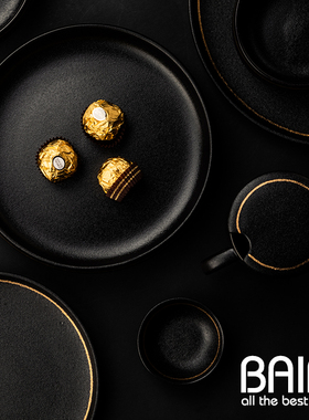 ins北欧简约家用加厚陶瓷黑色盘子 菜盘西餐盘牛排盘西餐餐具套装