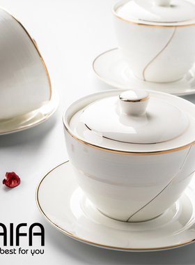 甜品炖盅 隔水陶瓷燕窝雪蛤补品汤盅 带盖骨瓷纯白描金炖锅汤煲碗