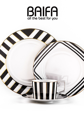 北欧创意轻奢餐具套装牛排盘家用菜盘碟子餐盘盘子黑白金边西餐盘