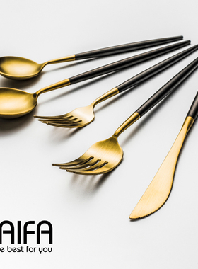 欧式高档金色304拉丝黑柄家用西餐牛排刀叉两件套餐具套装 牛排刀