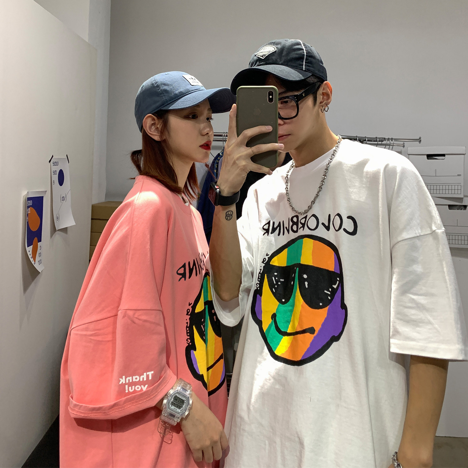 2021情侣装夏装涂鸦印花圆领宽松情侣短袖T恤班服H522P30男类,男装T恤,电商A341