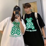 情侣装夏装棋盘格小熊印花情侣短袖T恤宽松半袖H719P30女类，男装T恤，电商A341