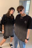 情侣装夏装复古水洗做旧渐变情侣短袖T恤印花宽松H707P38男类，男装T恤，电商A341