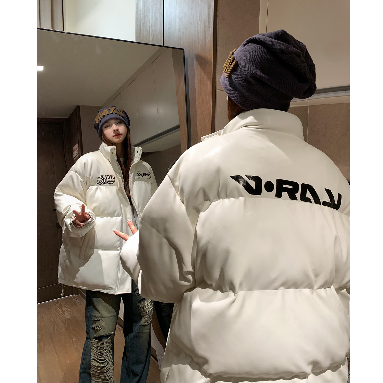 冬装新品 美式印花机车皮棉服PU情侣棉衣面包服外套男女 H909P128图片