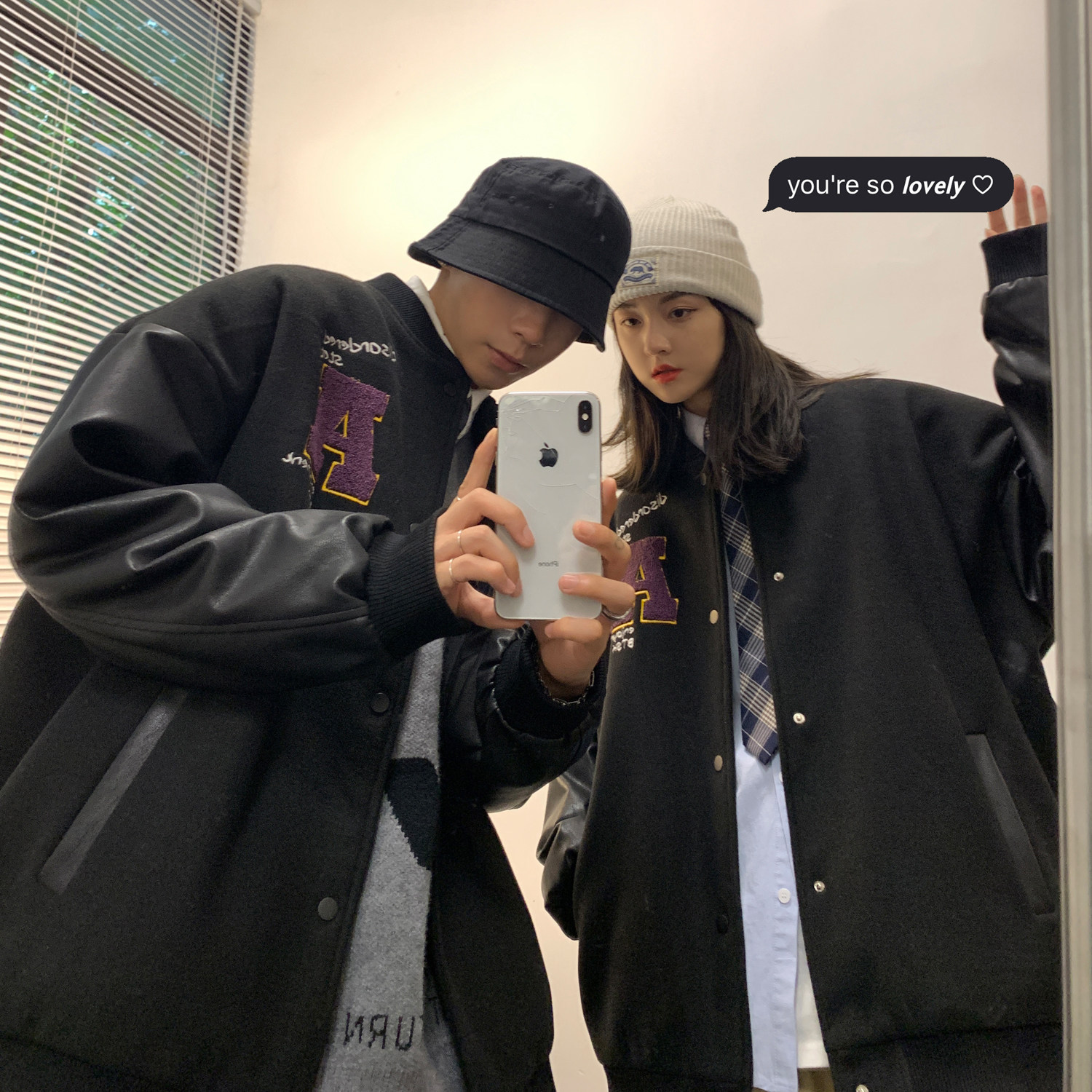 情侣装秋季毛呢拼接PU皮棒球服夹克情侣开衫外套H572P118女类,女装短外套,电商A341