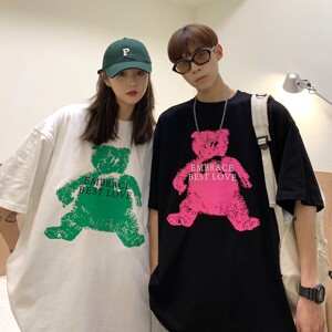情侣装夏装 手绘小熊印花情侣短袖T恤ins宽松半袖 H720 P30女类图片