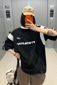 23 中性美式复古撞色拼接运动情侣短袖宽松T恤印花上衣 H842 P38图片