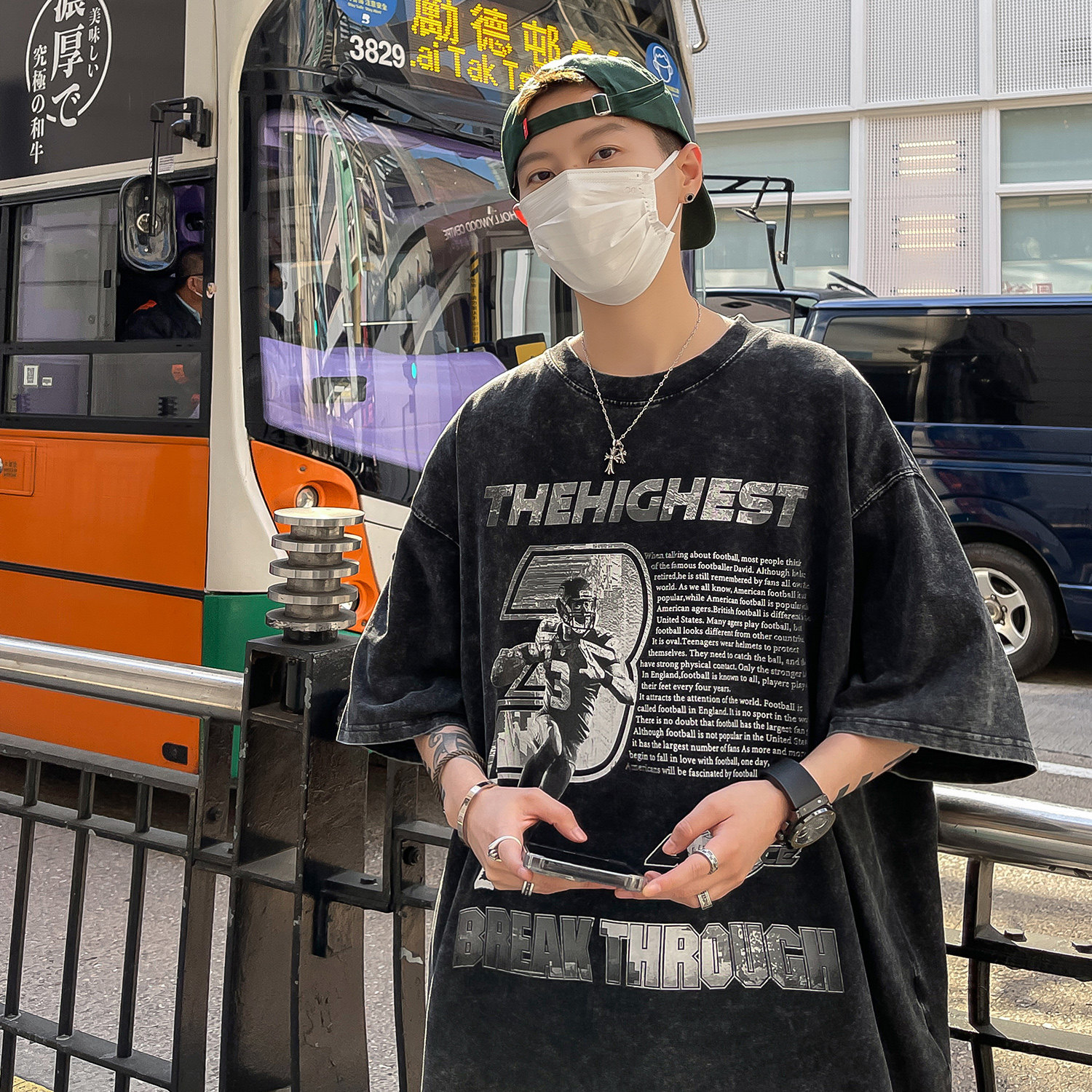 高克重280克美式高街水洗做旧印花短袖T恤潮宽松男H817P38男,男装T恤,电商A341