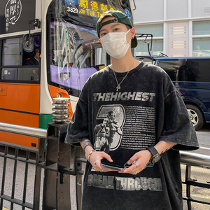 高克重280克 美式高街水洗做旧印花短袖T恤潮宽松男 H817 P38男图片