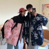主推情侣装冬装涂鸦熊卡通拼接情侣棉衣加厚外套H691P128男类，男装棉衣，电商A341