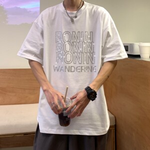 港风夏装潮高街烫钻字母印花宽松情侣短袖大码T恤H708P35女类图片