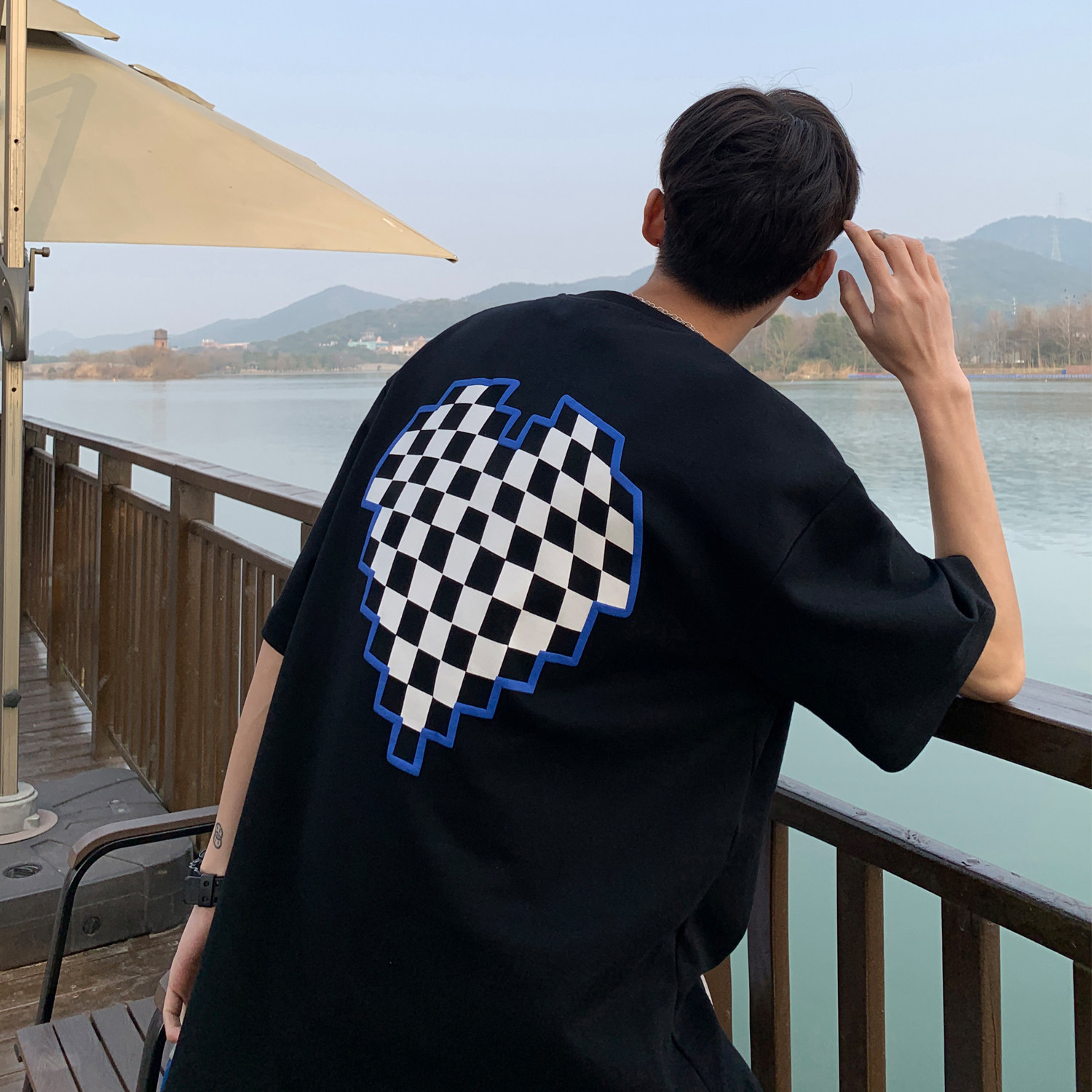 2023夏装 棋盘格爱心印花情侣短袖T恤宽松大码 H734 P35 男类图片