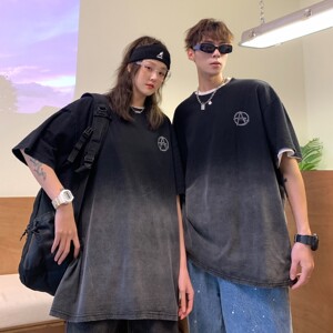 情侣装夏装 复古水洗做旧渐变情侣短袖T恤印花宽松 H707 P38男类图片