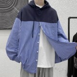 2024秋装大皂港风连帽拼接条纹衬衫卫衣外套H706P68控88男类，男装卫衣，电商A341