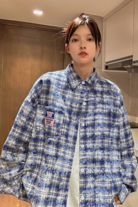 中性风 秋装美式宽松长袖格子情侣衬衫小香风扎染外套男女H861P58图片
