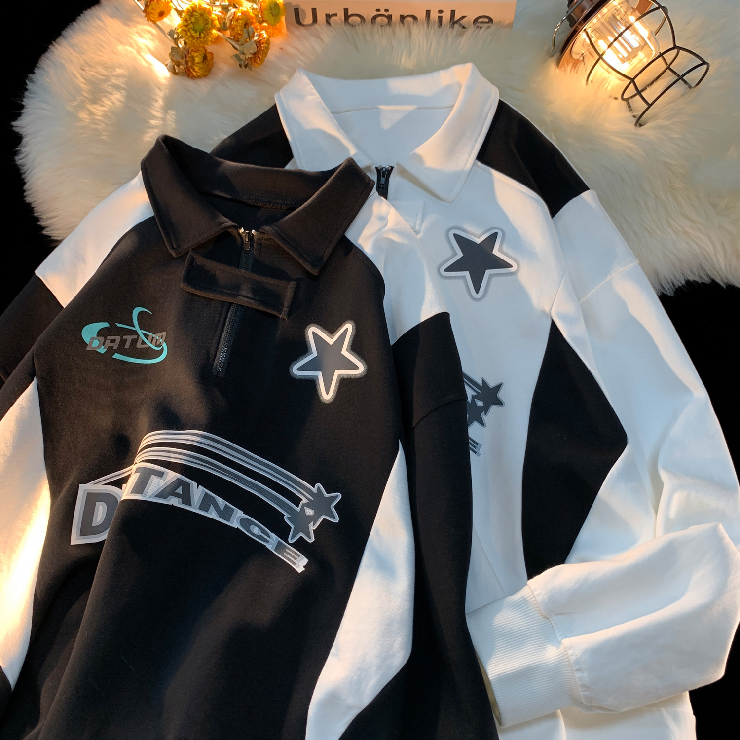 平铺秋装新品机车服印花情侣卫衣polo上衣小众外套H760P68男,男装卫衣,电商A341