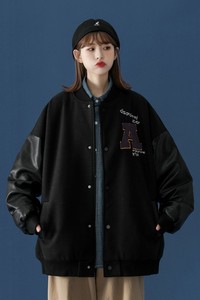 中性风 宽松新款PU皮拼接呢料棒球服 情侣外套 H572 P118男类图片