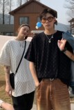 情侣装夏装棋盘格bv绿情侣短袖T恤衫宽松大码上衣H729P40女类，男装T恤，电商A341