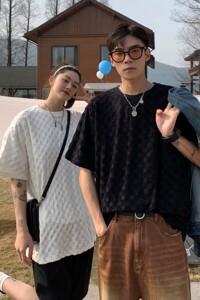情侣装夏装 棋盘格bv绿情侣短袖T恤衫宽松大码上衣 H729 P40女类图片