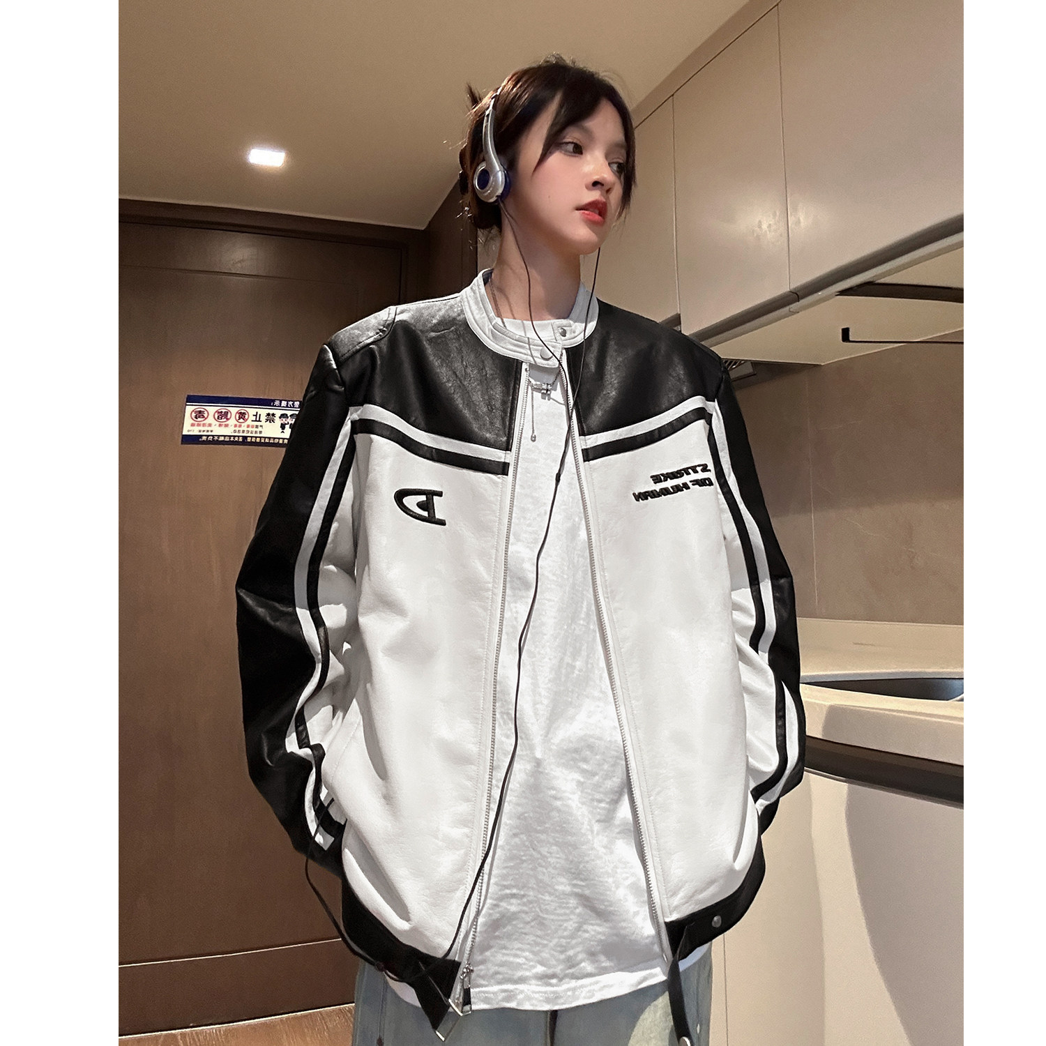 美式复古拼接pu机车服情侣加厚皮衣夹克棉衣外套男女H897 P118图片
