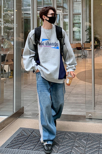 港风秋装 复古球衣机车明线拼接印花情侣卫衣外套男 H875 P58图片