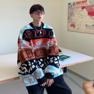 中性风冬装 提花宽松潮牌字母情侣毛衣针织衫外套H688 P78 女类图片