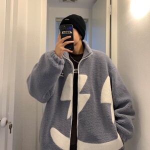 港风冬装 绣花笑脸羊羔毛情侣棉衣加厚外套 H679 P118控148女类图片