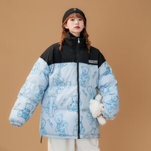 中性风冬装 涂鸦熊卡通拼接情侣棉衣加厚外套 H691 P128女类图片