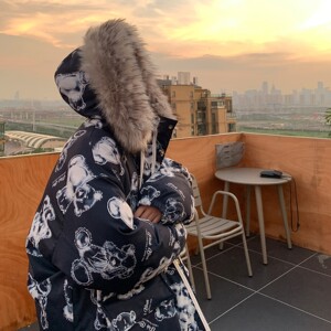 港风冬装 手绘熊大毛领加厚情侣棉衣面包服 H698 P138控178女类图片