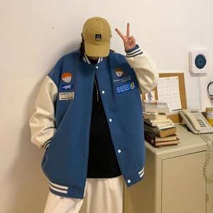 中性秋裝 學(xué)院風(fēng)呢料情侶夾克繡花棒球服外套 H667P98 控128女類圖片