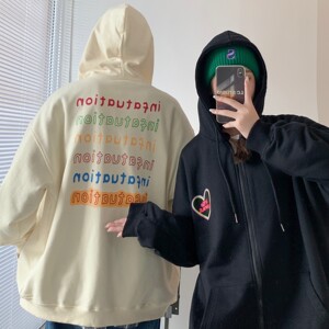 中性风秋装 彩虹弹幕字母印花连帽开衫情侣卫衣外套H668 P65 女类图片