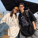 港风夏装小熊印花珍珠烫钻情侣短袖T恤大码上衣H732P35男类，男装T恤，电商A341