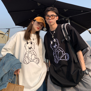 港风夏装 小熊印花珍珠烫钻情侣短袖T恤大码上衣 H732 P35 男类图片