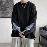 短句双层袖口拼接条纹假两件套头长袖卫衣外套H659P45控58，男装卫衣，电商A341