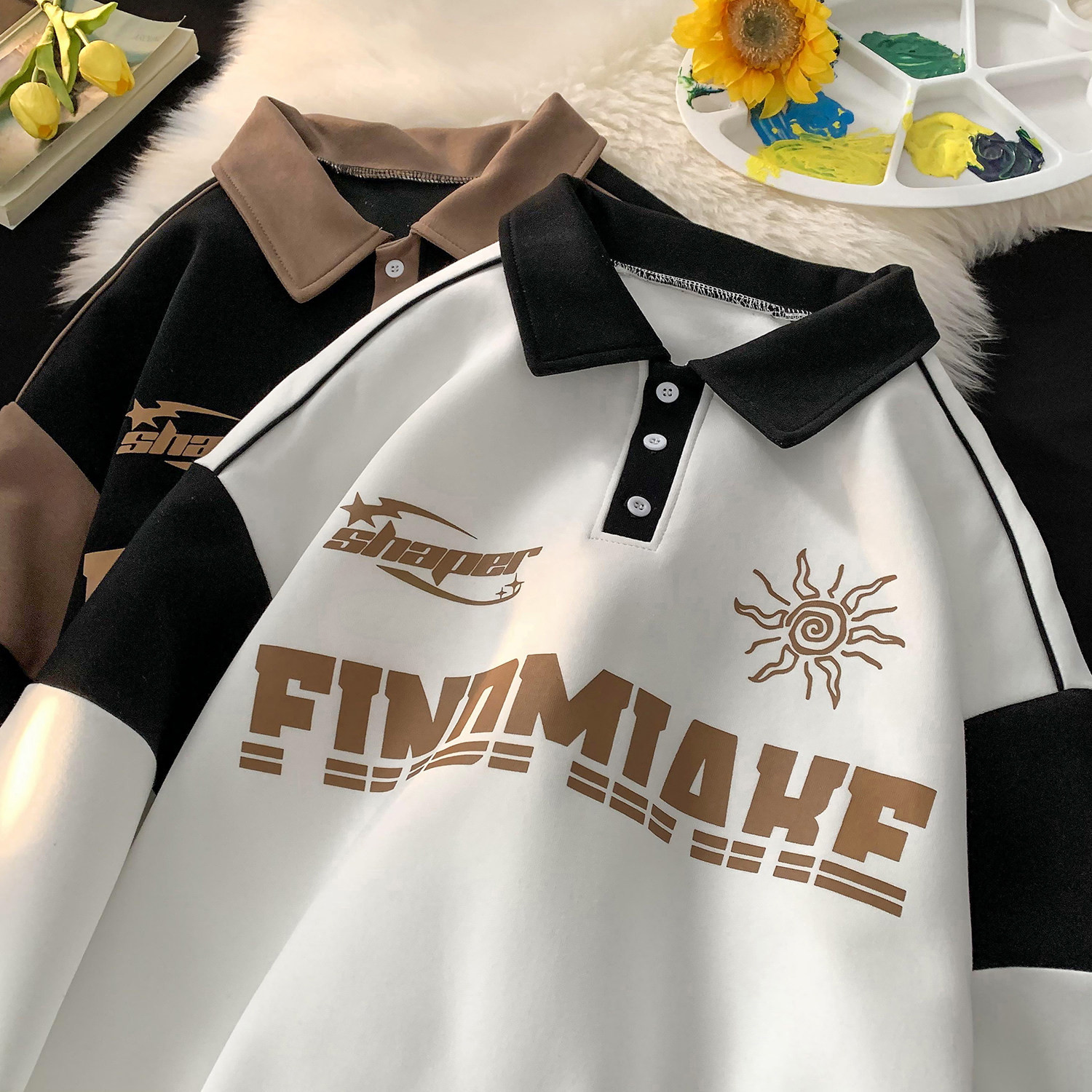 港风摆拍秋装polo领运动风印花卫衣撞色上衣外套男女H807P68,男装卫衣,电商A341