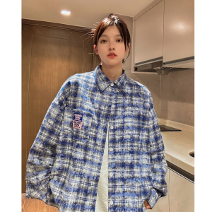 中性风秋装美式宽松长袖格子情侣衬衫小香风扎染外套男女 H861P58图片