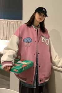 中性毛呢拼接PU皮棒球服毛巾绣情侣夹克外套棉衣H678 P118女类图片