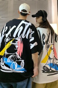 2022情侣装夏装 卡通涂鸦熊情侣短袖大码上衣半袖 H718 P38 女类图片