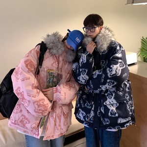 情侣装冬装手绘熊大毛领加厚情侣棉衣面包服H698P138控178女类