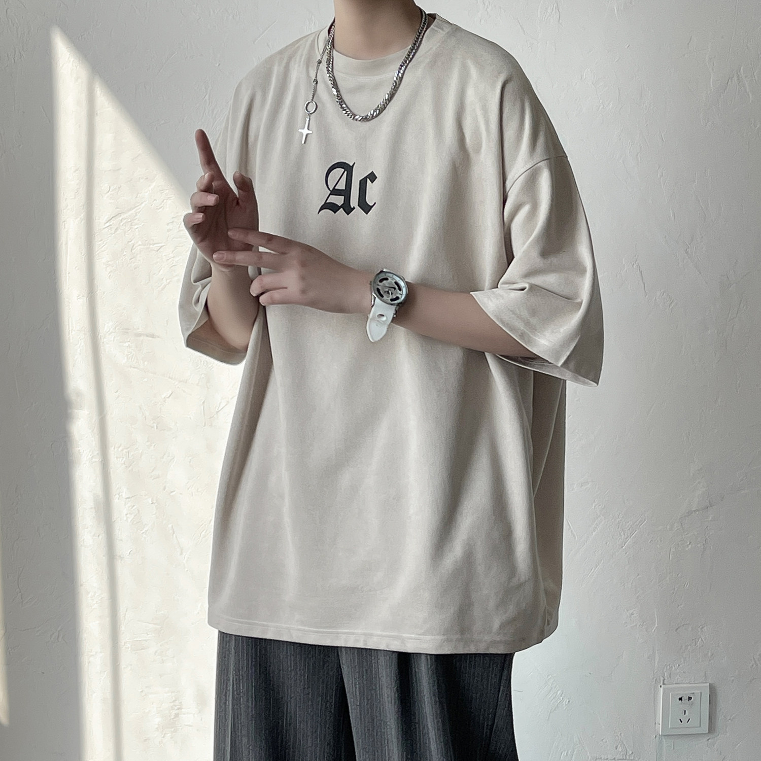 2022港风大皂夏装鹿皮绒印花短袖t恤宽松ins上衣H731P35男,男装T恤,电商A341