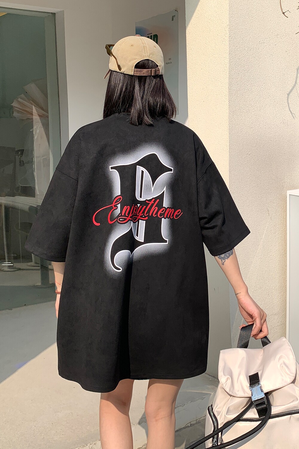 中性高街潮设计鹿皮绒印花情侣短袖T恤宽松上衣男H828P35控48,男装T恤,电商A341