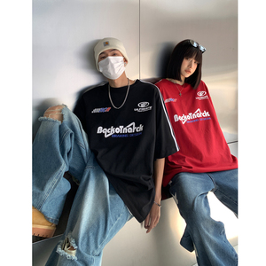 情侣装 高街赛车服织带情侣印花短袖T恤衫宽松运动服男女H829P38图片